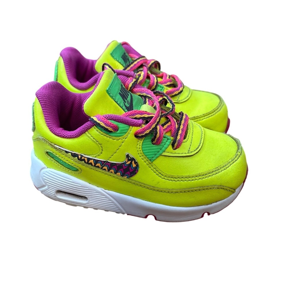 Nike Air Max 90 Sneakers Kids Neon Yellow Pink Green‎ Geometric SIZE 7C